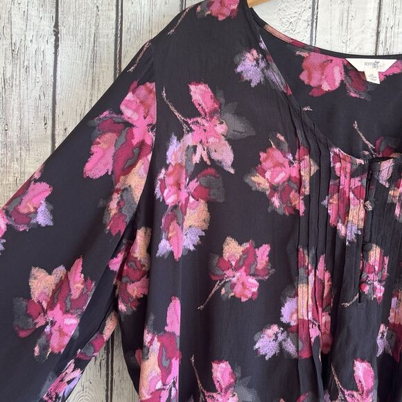 Terra & Sky Womens Dark Floral Top Size 2X Black Bloomcore Pintucks Office - Picture 5 of 11